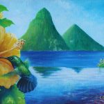 'Reflections at Jade' Green-throated Carib & hibiscus, Acrylic on canvas, 8x12"