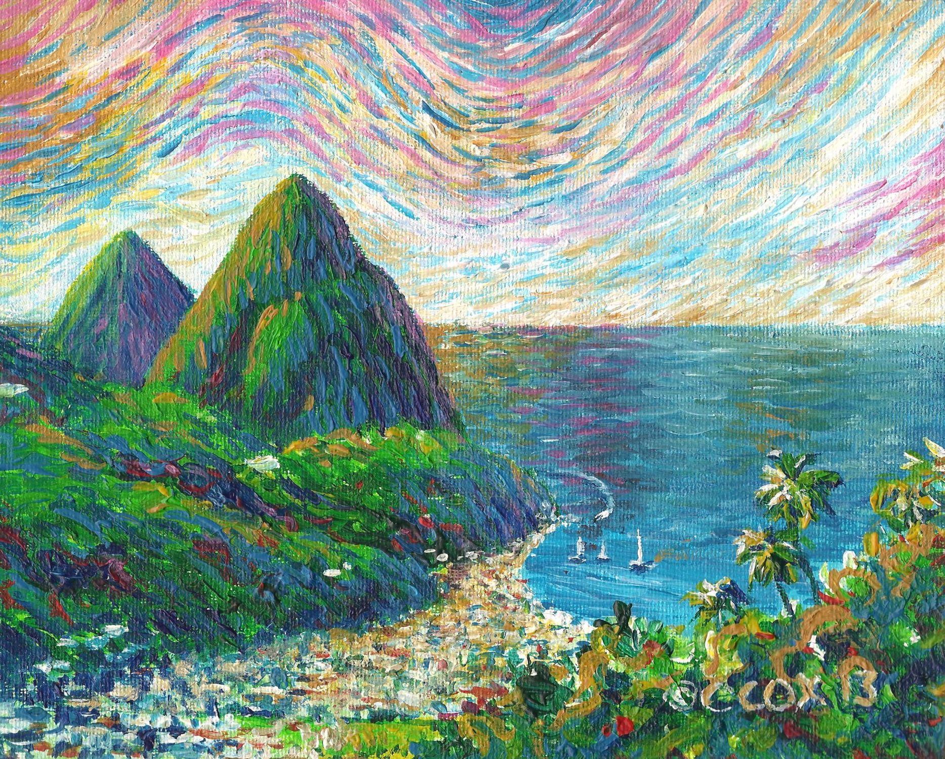 Soufriere Bay, Saint Lucia. Acrylic on canvasboard, 8x10"