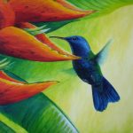 Blue-headed Hummingbird & heliconia, Acrylic on paper, 12x8"