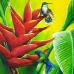 Blue-headed Hummingbirds & heliconia, Acrylic on canvas, 18x14"