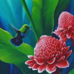 Green-throated Carib & torch lily, Acrylic on canvas, 18x14"