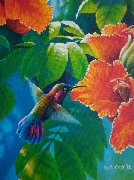 Jamaican Mango & African tulip, Acrylic on canvas, 12x8"
