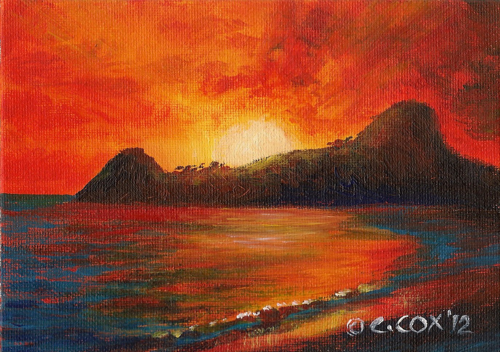 'Sky Ablaze' Pigeon Island, St. Lucia, Acrylic on canvasboard, 5x7"