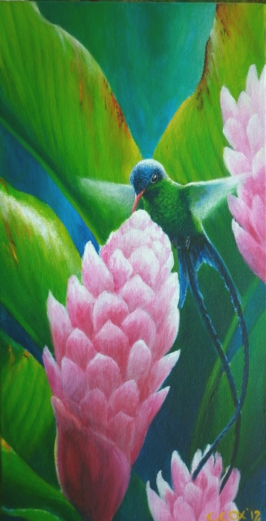 Western Streamertail & ginger lily, Acrylic on canvas, 16x8"