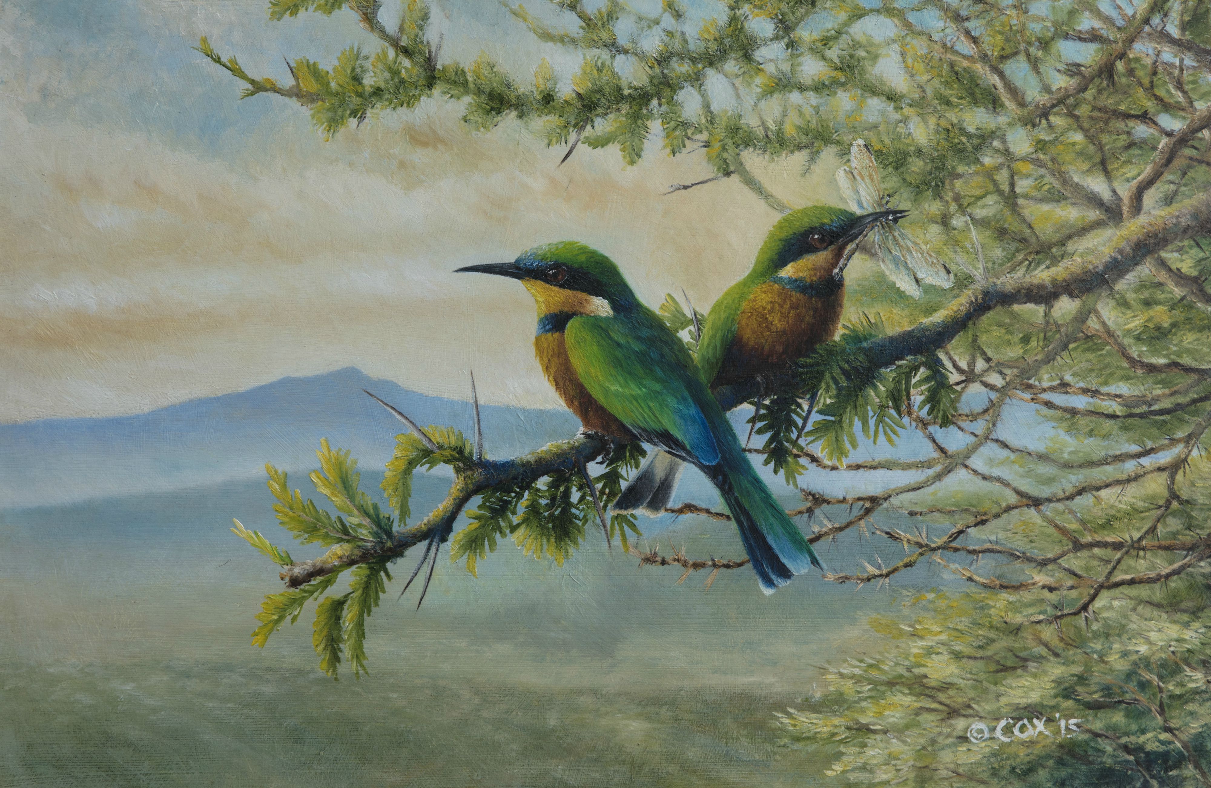 Cinnamon-chested Bee-eaters at the Great Rift Valley, Oil on panelboard, 24x18"